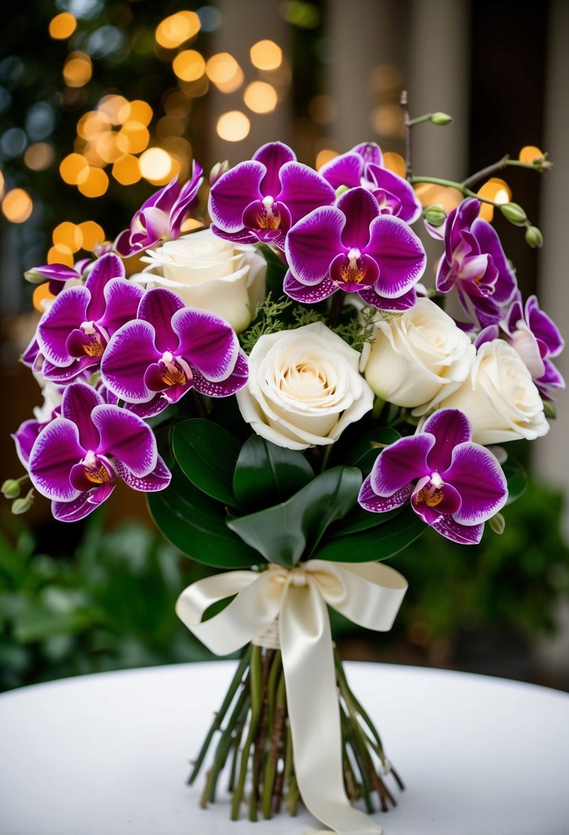 A lush bouquet of wine-colored orchids and white roses, tied with a satin ribbon