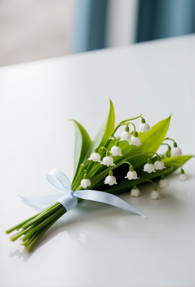 A small, delicate bouquet of lily of the valley tied with a simple ribbon, resting on a clean, white surface