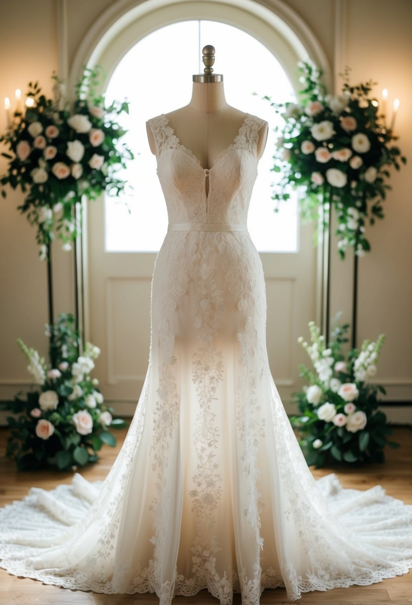 A vintage lace wedding dress displayed on a mannequin, surrounded by elegant floral arrangements and soft romantic lighting