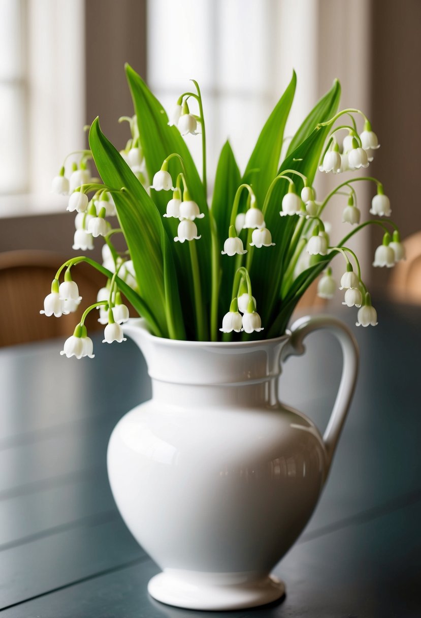 A classic white vase holds a delicate arrangement of lily of the valley, with green leaves peeking out from the stems