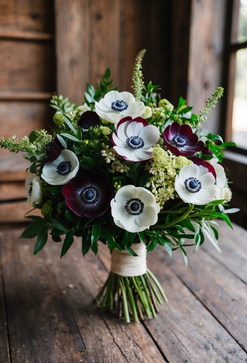 A lush bouquet of maroon and ivory anemones, accented with greenery, rests on a rustic wooden table