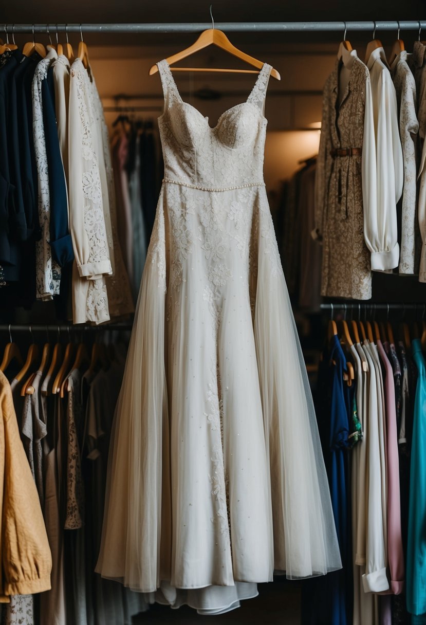 A dusty, vintage wedding dress hanging on a rack among other second-hand clothing in a resale shop