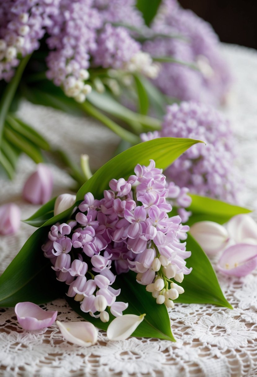 A delicate lilac and Lily of the Valley bouquet rests on a lace tablecloth, surrounded by soft pastel petals and greenery