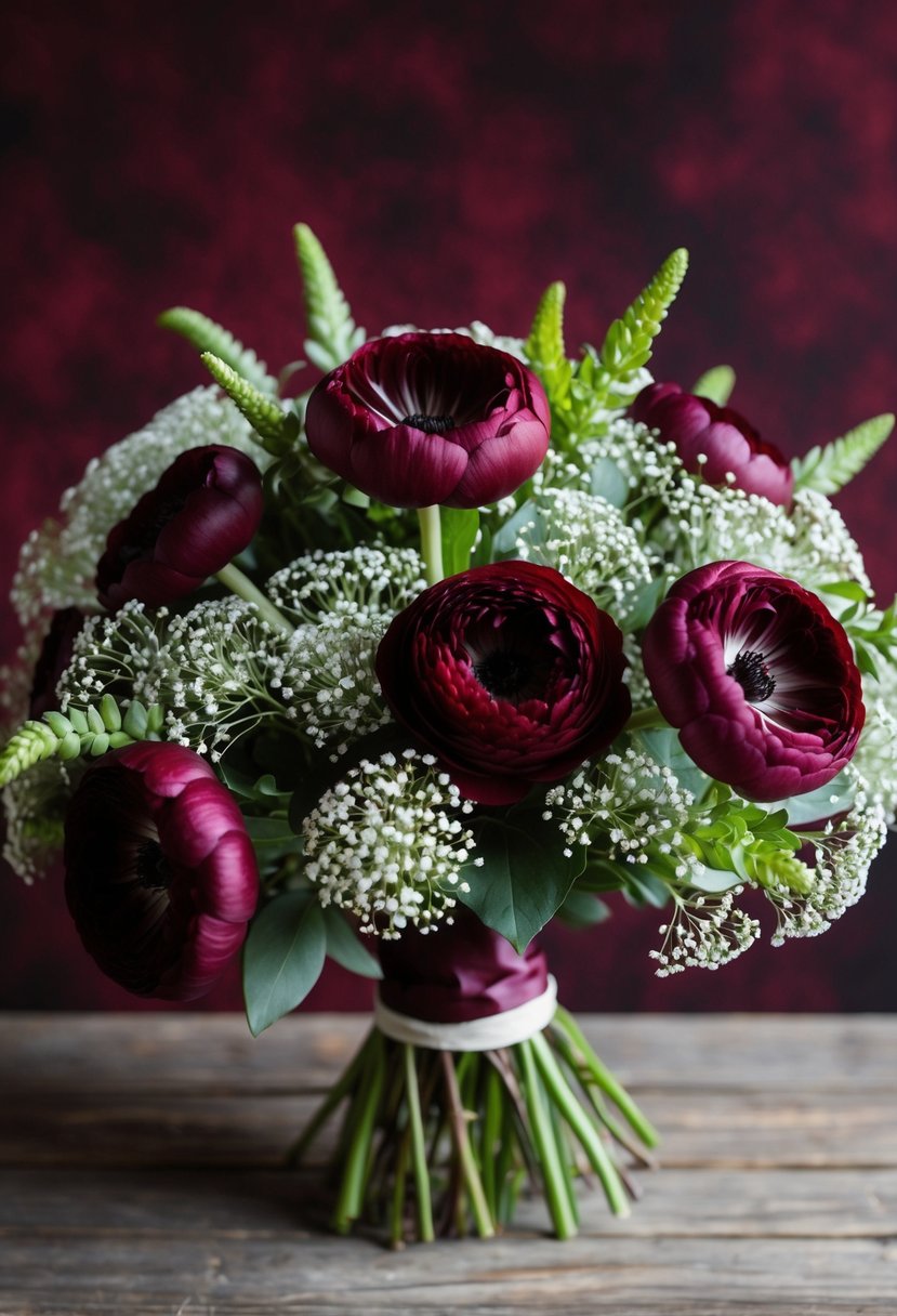 A lush bouquet of burgundy ranunculus and delicate baby's breath arranged in a maroon color scheme