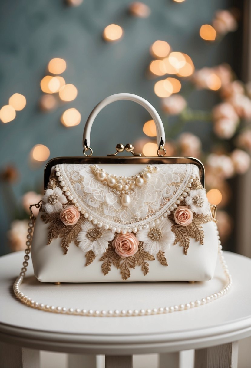 A sleek handbag with vintage lace, pearls, and floral embroidery, inspired by 40-year-old wedding dress designs