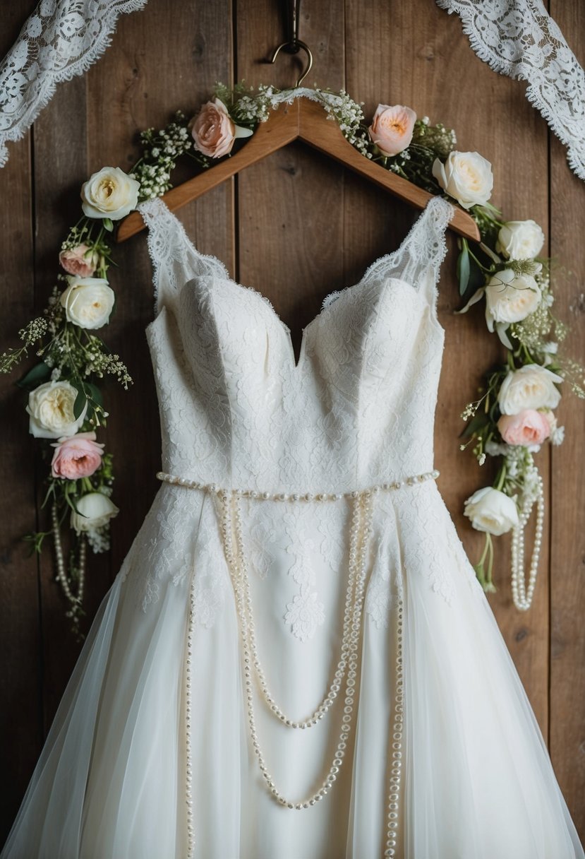 A vintage wedding dress hanging on a rustic wooden hanger, surrounded by delicate lace, pearls, and floral accents