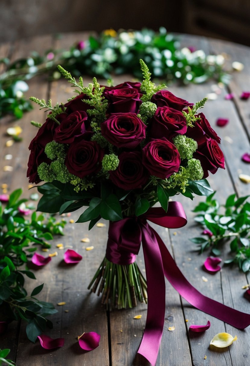 A lush maroon ribbon-tied bouquet sits on a rustic wooden table, surrounded by scattered petals and greenery