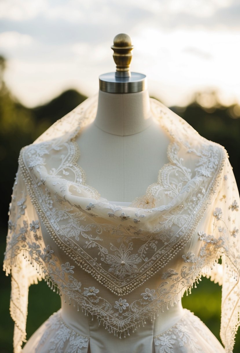 A delicate lace shawl draped over a vintage wedding dress, adorned with intricate beading and delicate embroidery