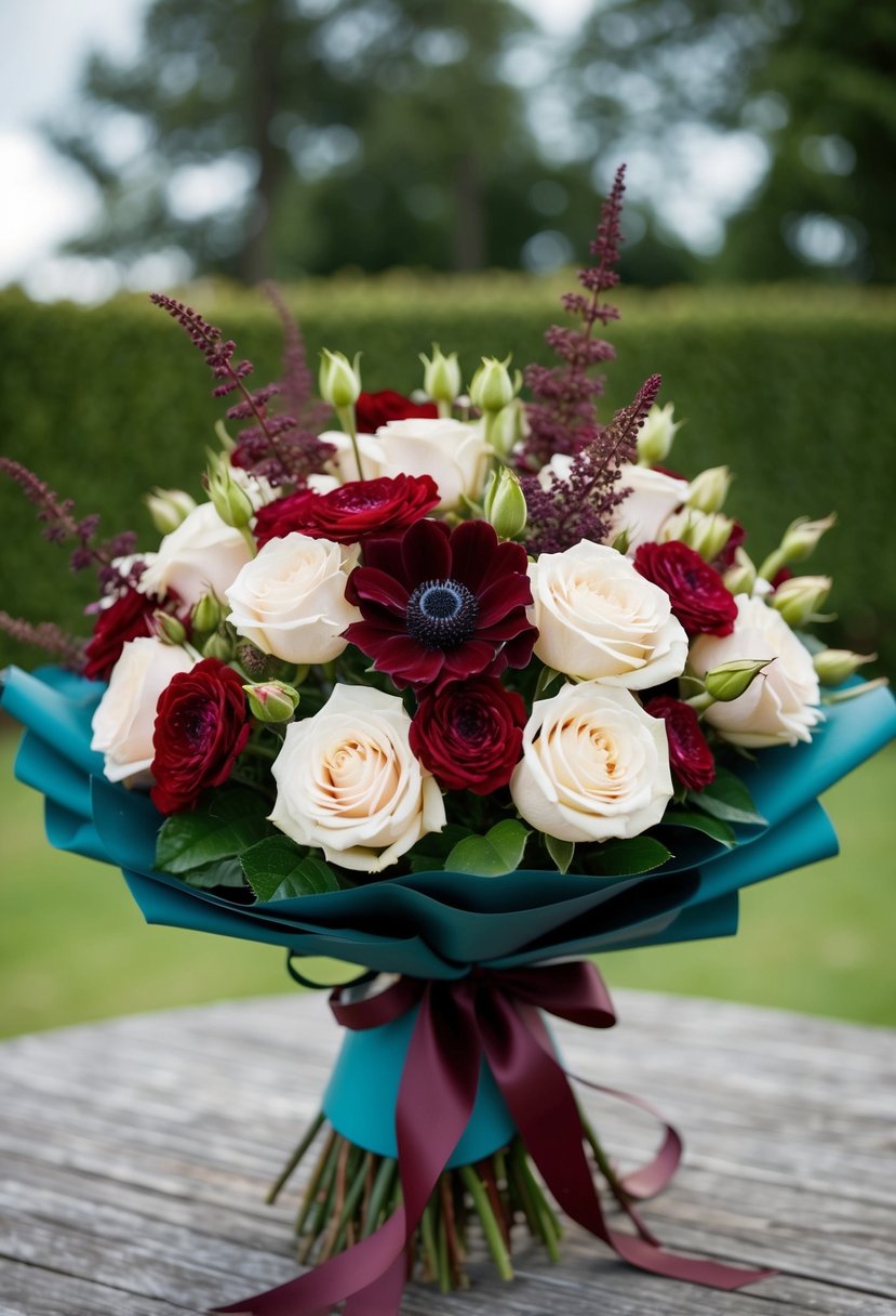 A lush bouquet of garden roses and maroon scabiosa, wrapped in ribbon