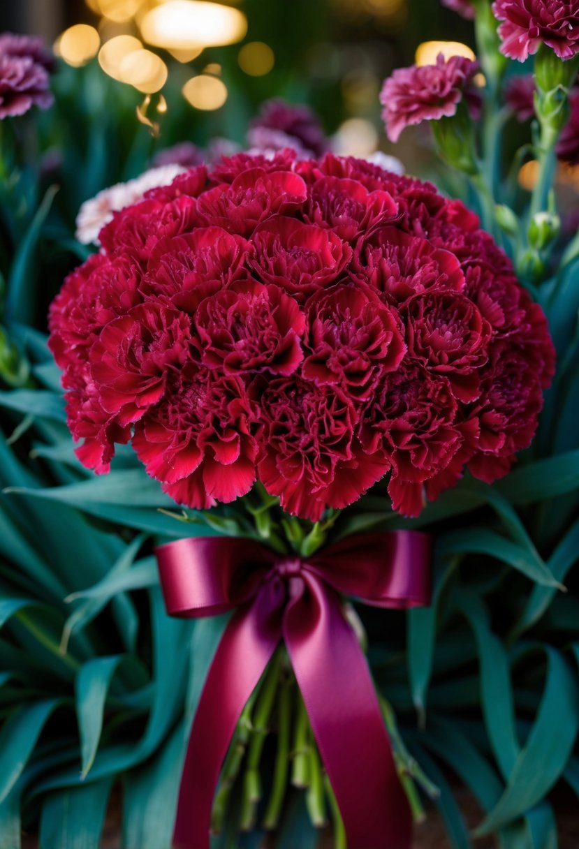 A lush bouquet of deep red carnations with velvety petals cascading from a maroon ribbon