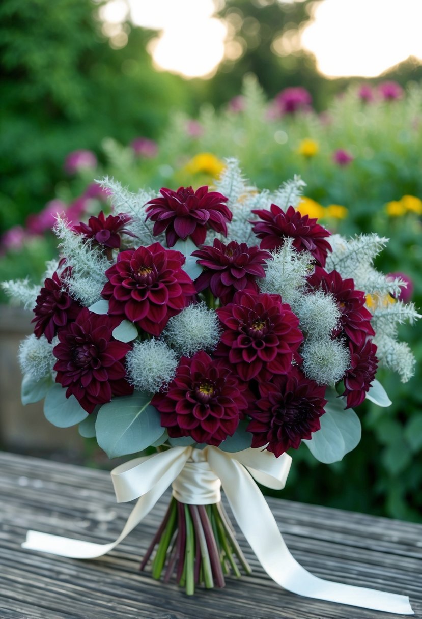 A lush bouquet of maroon dahlias and silver dusty miller, tied with a satin ribbon