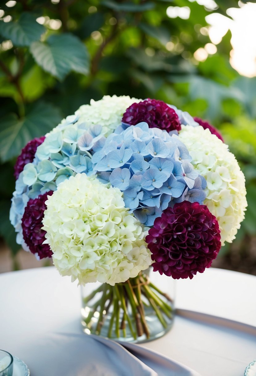 A lush bouquet of hydrangeas in shades of white and pale blue, accented with deep maroon blooms