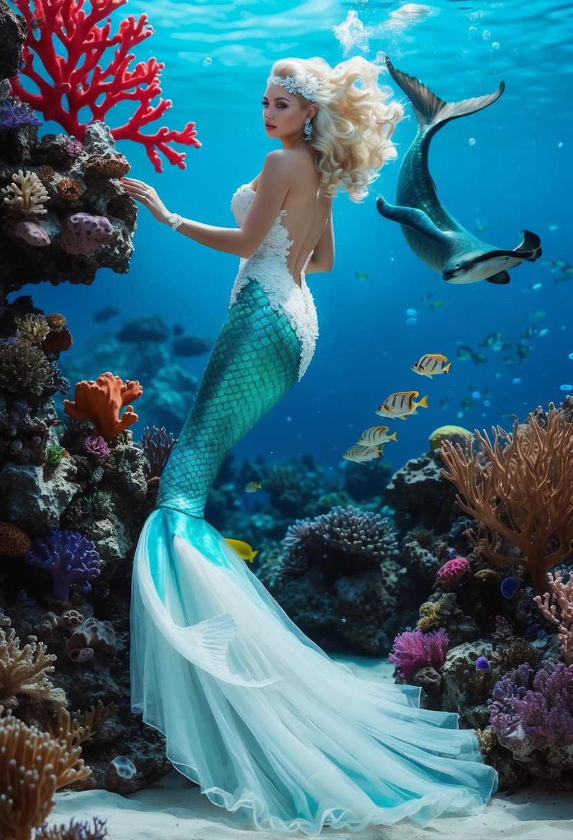 A mermaid wedding dress flowing underwater among colorful coral and sea creatures