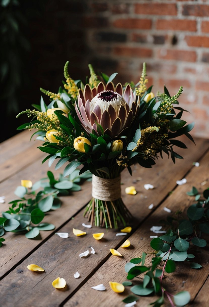 A maroon and gold protea bouquet sits on a rustic wooden table, surrounded by scattered petals and greenery