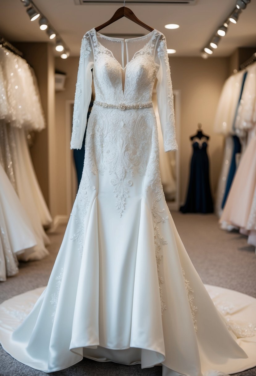 A mermaid wedding dress with long sleeves, adorned with intricate lace and delicate beading, flowing gracefully on a hanger in a softly lit bridal boutique