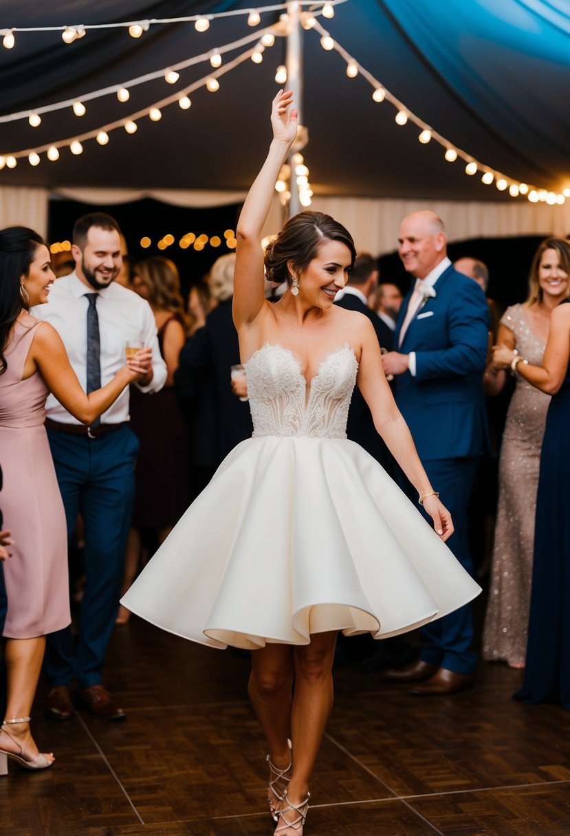 A bride in a short, modern wedding dress dances under twinkling lights at an after-party, surrounded by friends and family