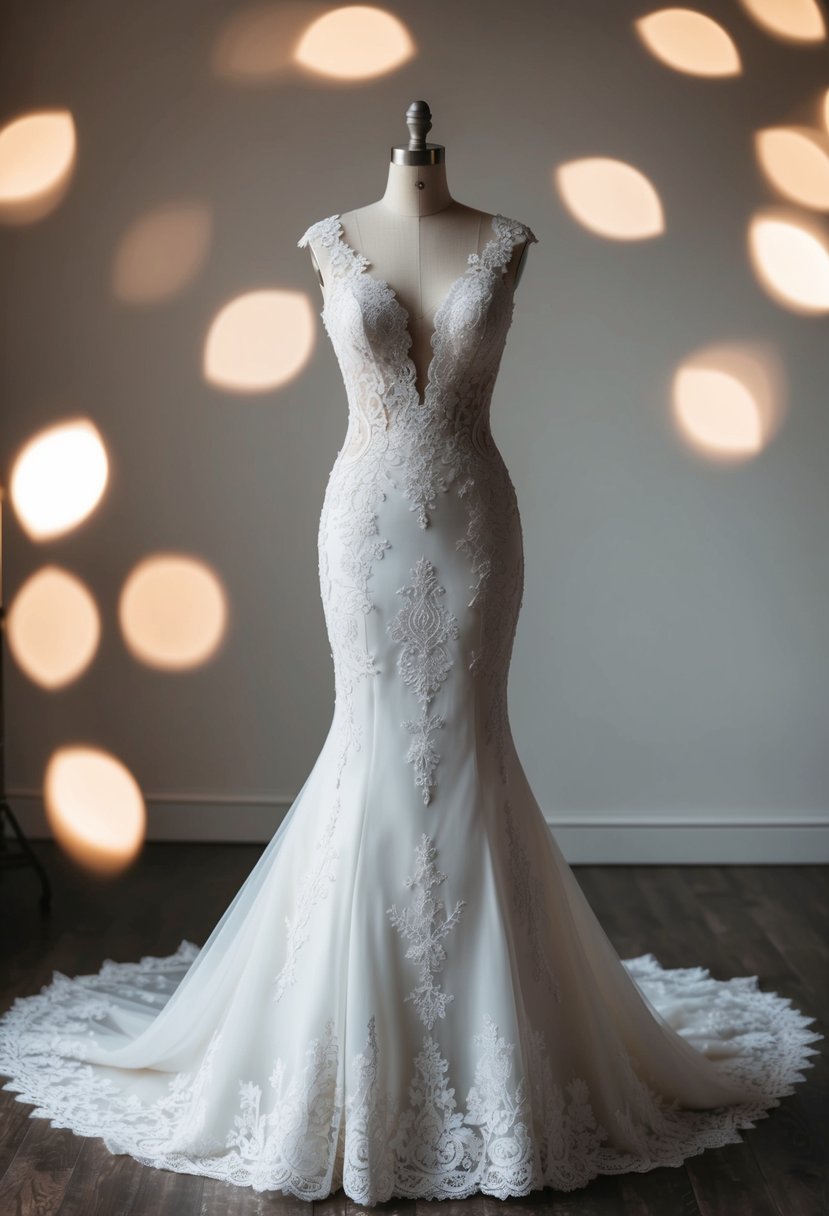 A mermaid wedding dress with intricate lace details cascading down the gown, creating an enchanting and timeless look