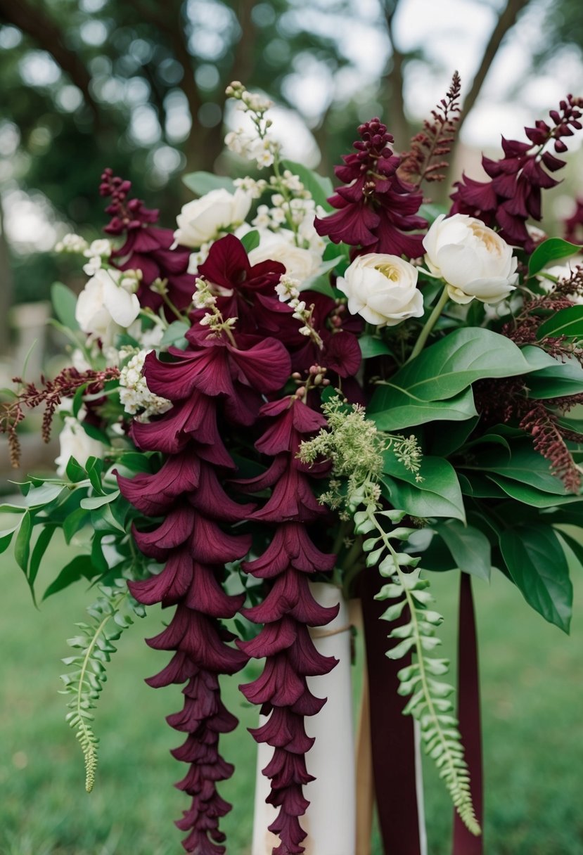 Rich maroon amaranthus cascades from a bouquet, accented with delicate ivory blooms and lush greenery