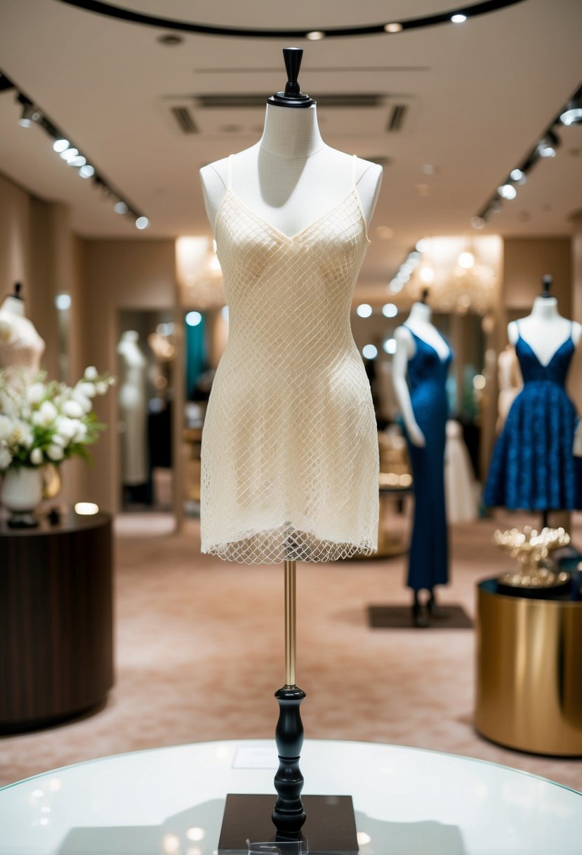 An elegant ivory mesh mini dress displayed on a mannequin in a luxurious boutique setting