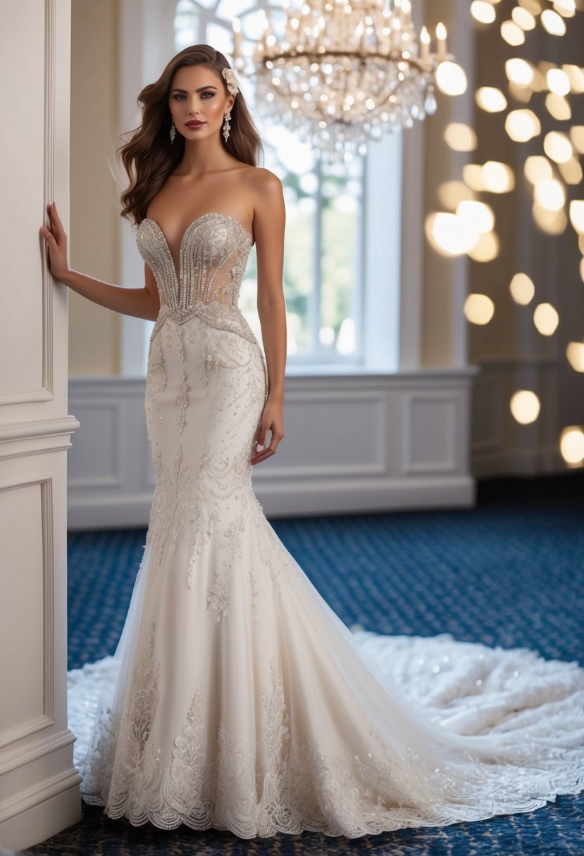 A glamorous mermaid wedding dress with a sweetheart neckline cascades in luxurious fabric, adorned with intricate beading and delicate lace