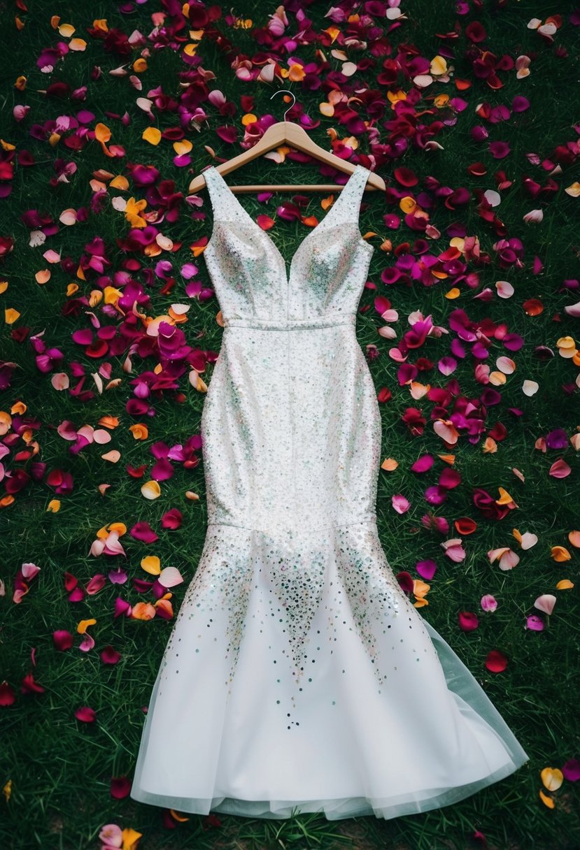 A garden of vibrant petals scattered around a shimmering sequin midi wedding dress