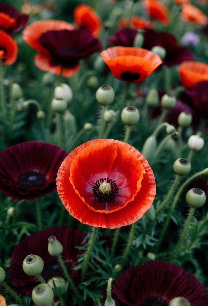 A dark red poppy stands out among maroon wedding bouquets