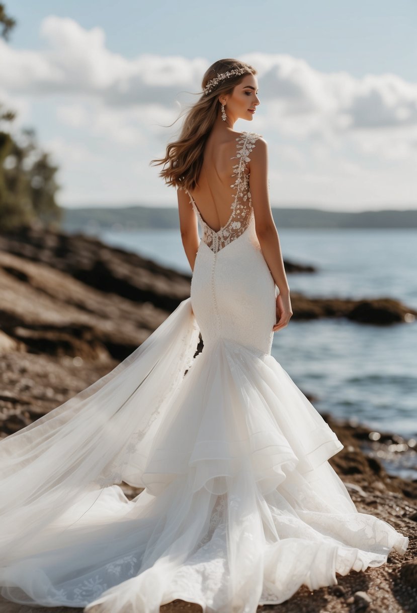 A mermaid wedding dress with bohemian chic vibes, adorned with flowing lace, delicate beading, and ethereal layers of tulle