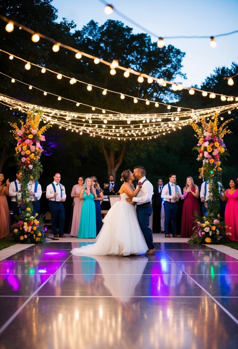 A festive outdoor wedding reception with twinkling lights, colorful floral arrangements, and a lively dance floor