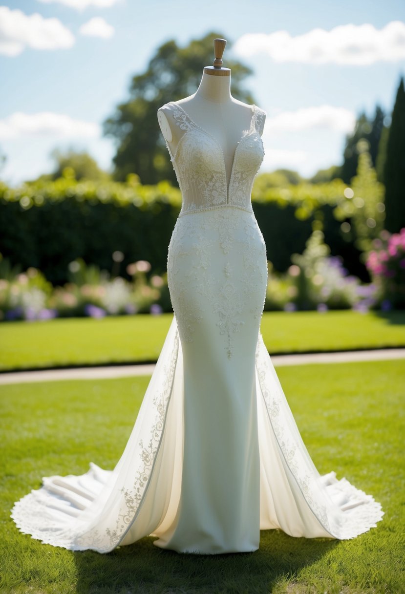 A mermaid wedding dress with a detachable train, adorned with ivory lace and delicate beading, flowing gracefully in a sunlit garden