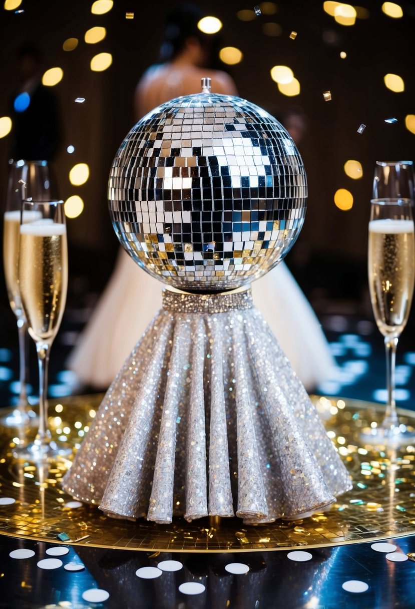 A glittering disco ball reflects off a sequined short wedding dress, surrounded by champagne flutes and confetti on a dance floor