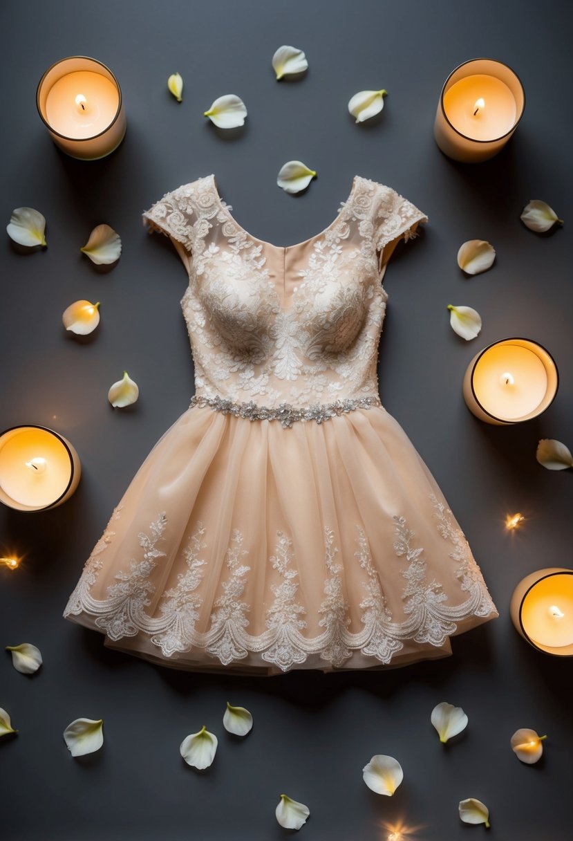 A champagne-colored short wedding dress adorned with delicate lace and sequins, surrounded by scattered flower petals and flickering candlelight