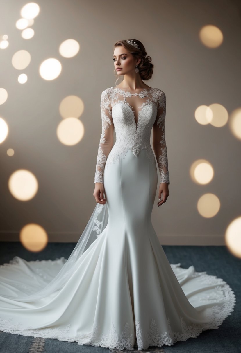 A vintage-inspired mermaid wedding dress with intricate lace sleeves, flowing train, and delicate embellishments