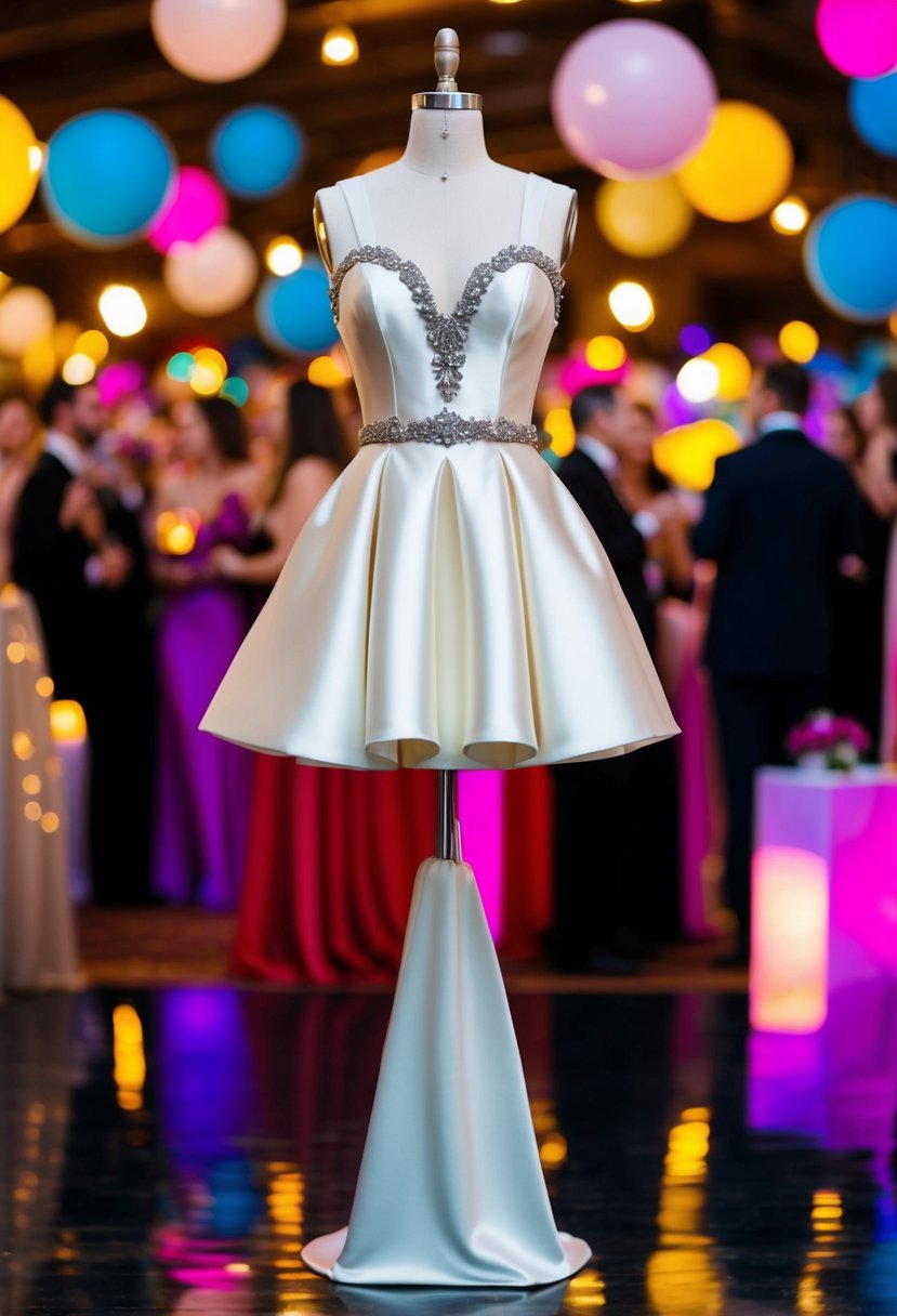 A glamorous satin mini wedding dress by Vivienne Westwood, surrounded by vibrant after-party ideas