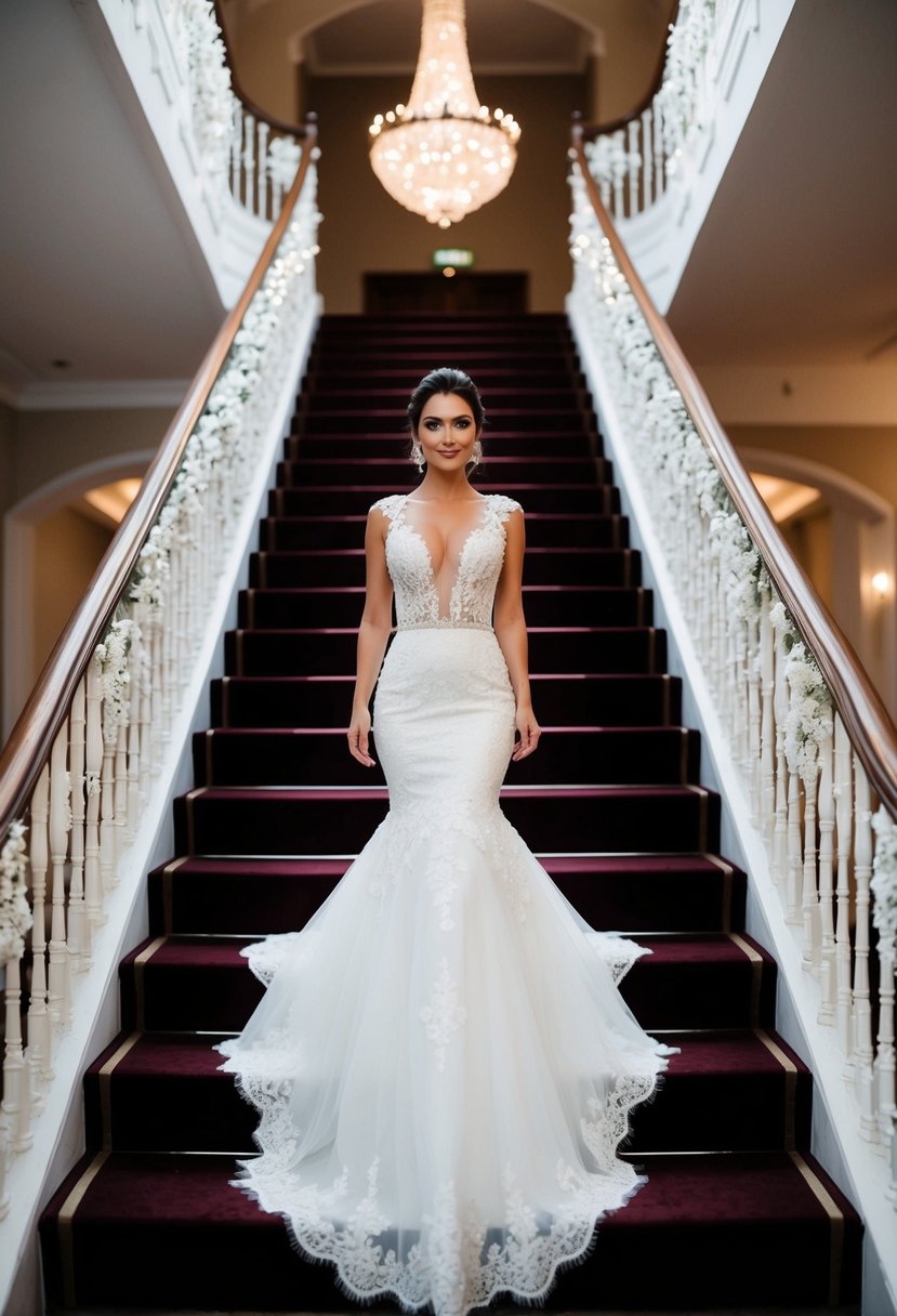 A mermaid wedding dress with a plunging neckline, adorned with intricate lace and shimmering details, cascading down a grand staircase