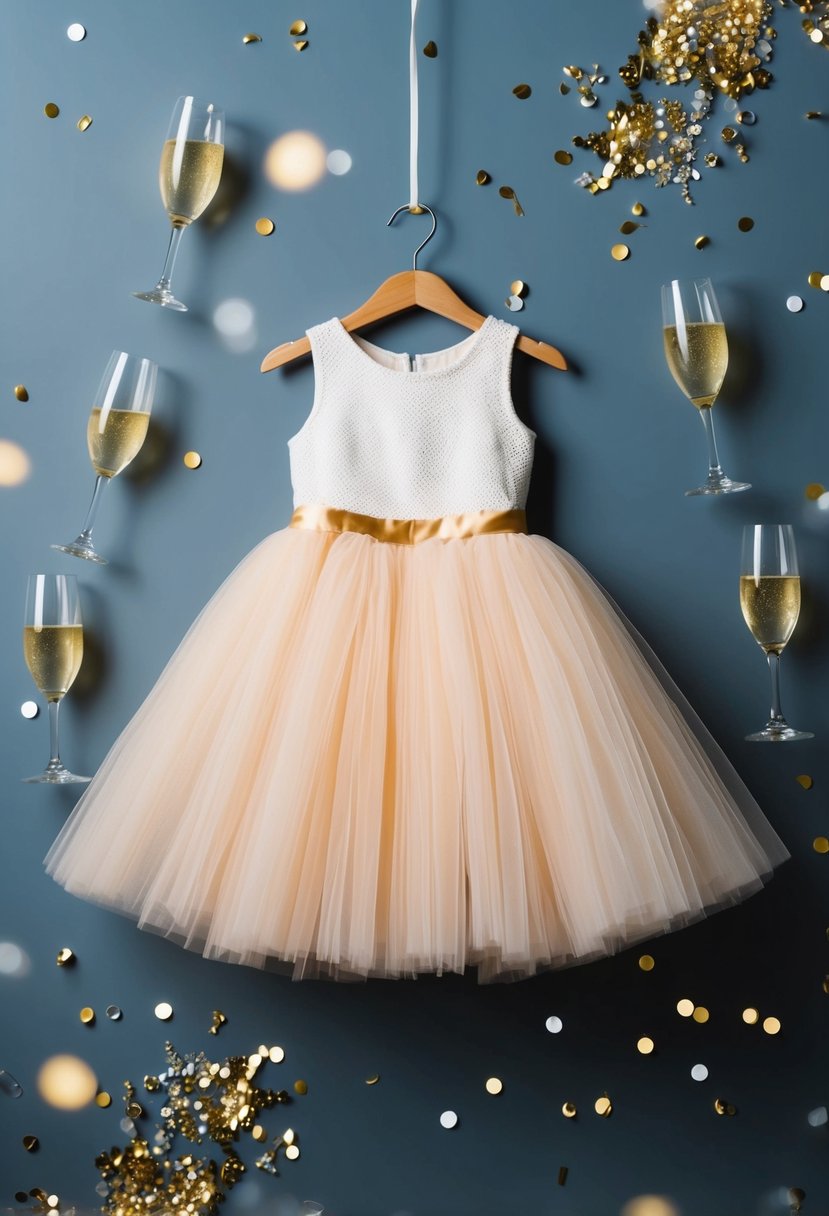 A twirl-ready tulle skirt dress hangs on a hanger, surrounded by sparkling confetti and empty champagne glasses