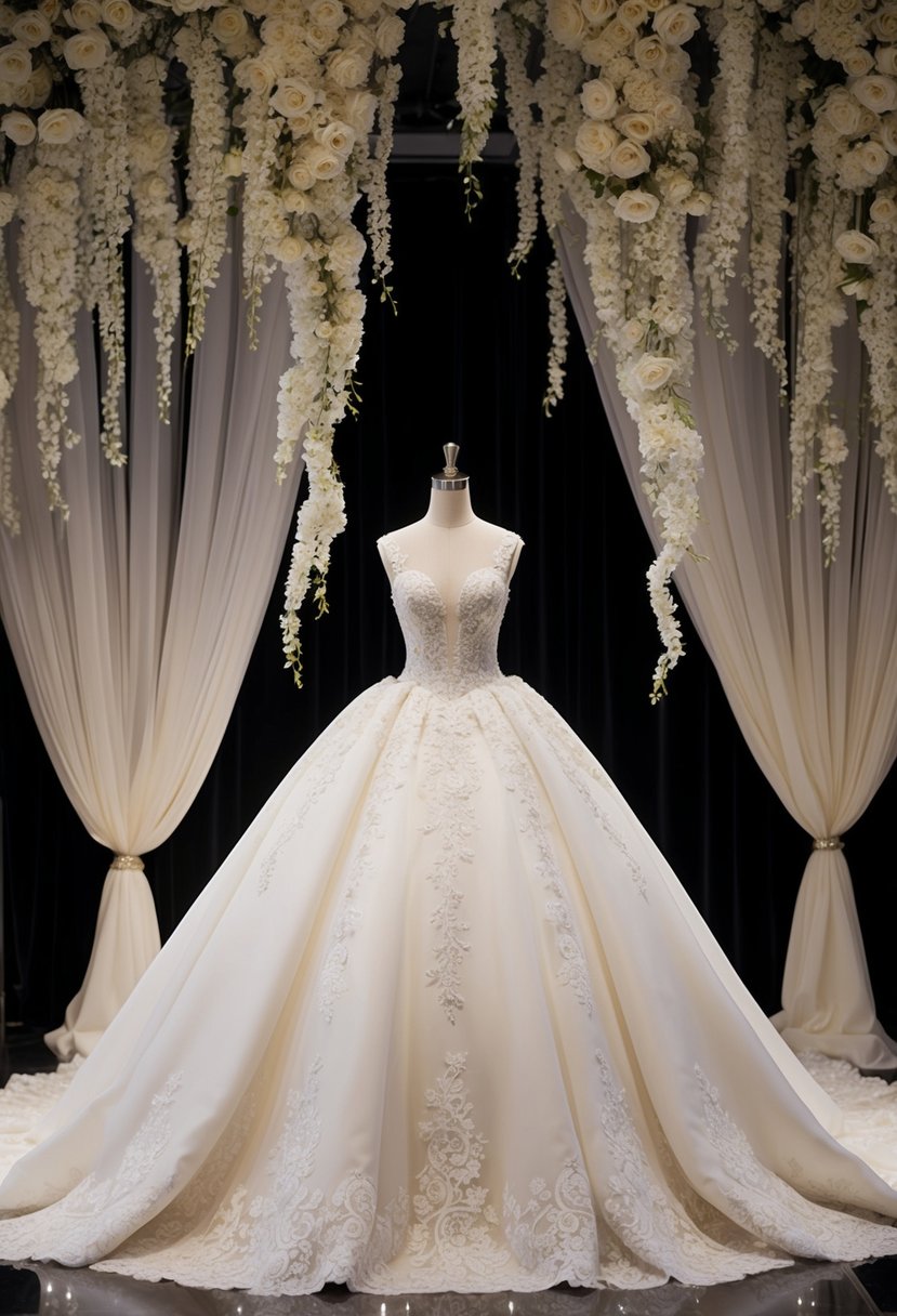 A grand, voluminous wedding dress displayed on a mannequin, surrounded by cascading fabric and intricate lace details