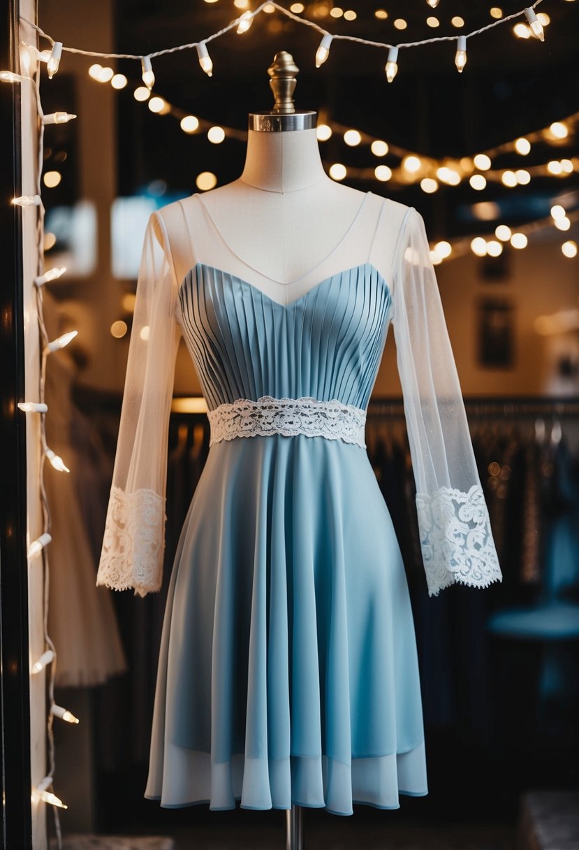 A mini dress with sheer sleeves hangs on a mannequin in a dimly lit boutique window, surrounded by twinkling fairy lights and delicate lace accents