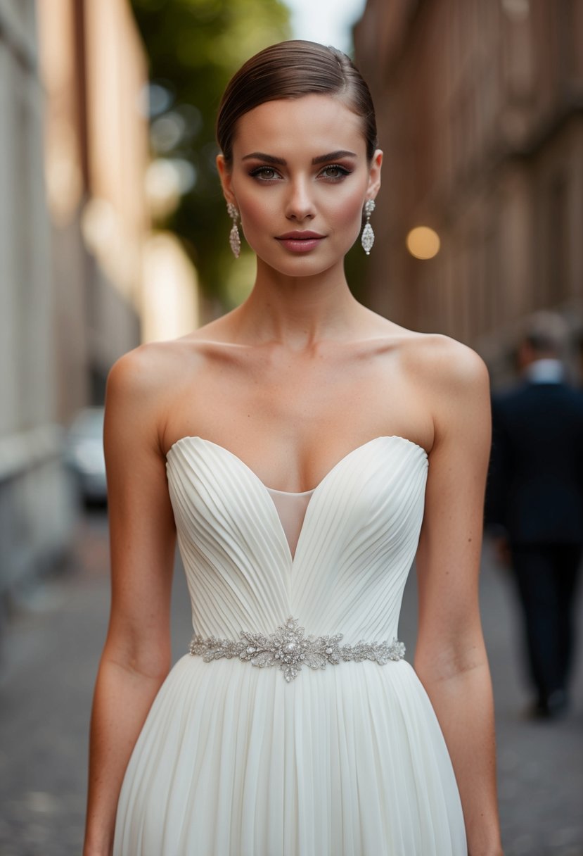 A strapless wedding dress with a pleated V-neck, flowing fabric, and intricate details