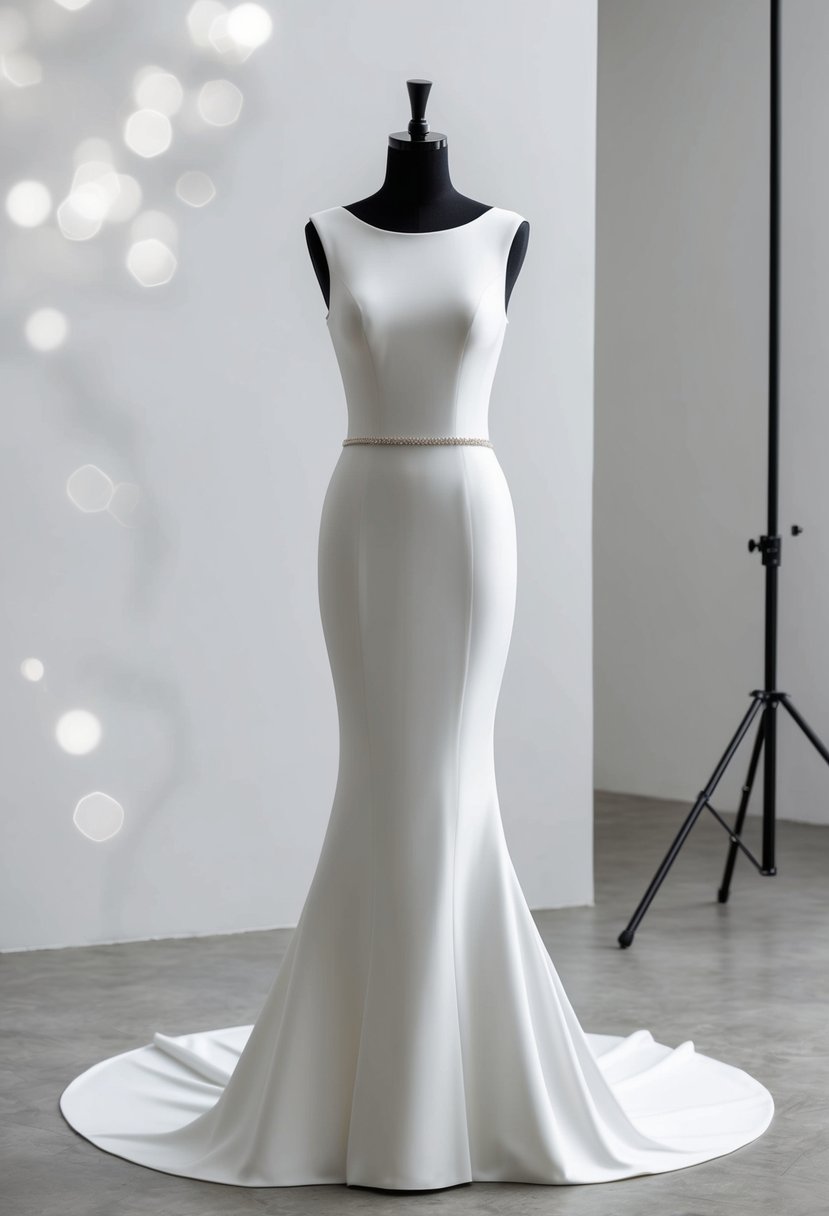 A sleek, form-fitting mermaid wedding dress with clean lines and a simple cap sleeve design, set against a minimalist backdrop