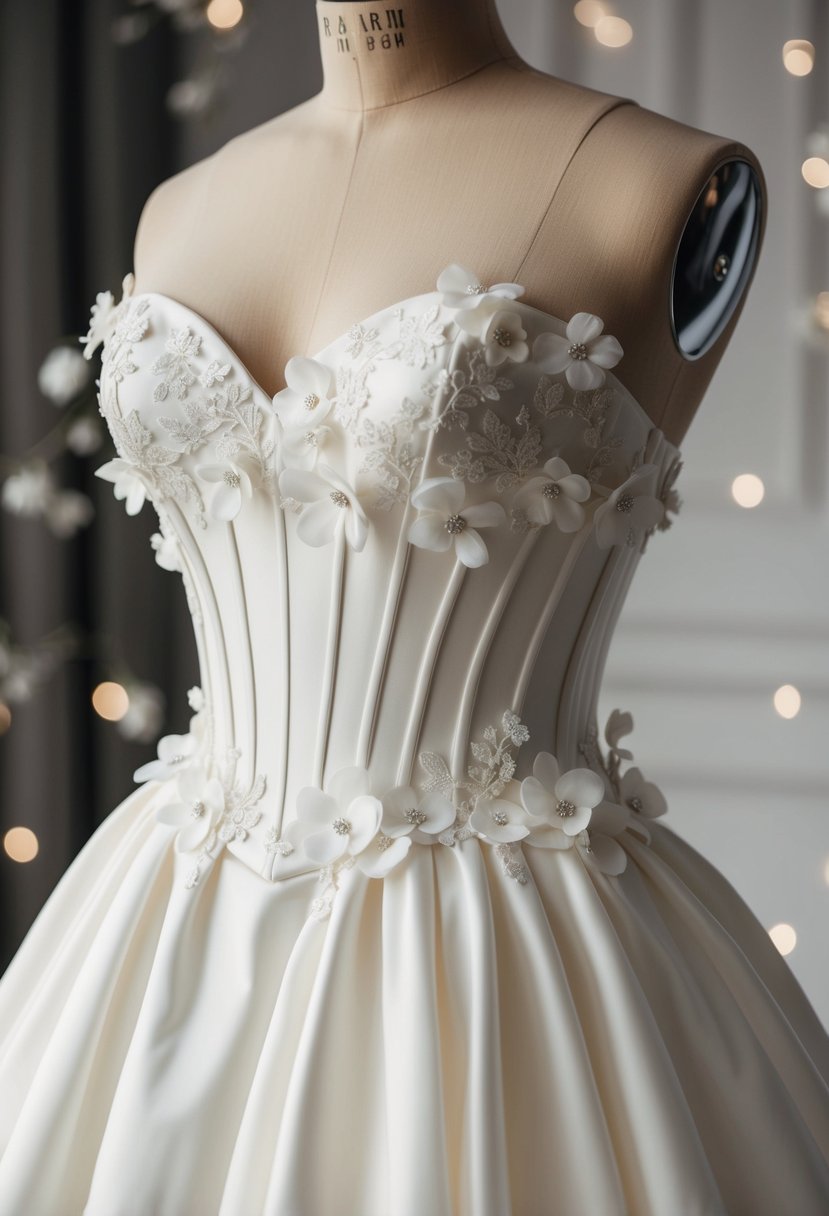 A short wedding dress with a corset bodice adorned with delicate flower appliqués