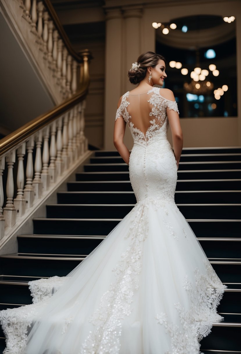 A mermaid wedding dress with a cold shoulder neckline, adorned with intricate lace and shimmering sequins, cascading down a grand staircase