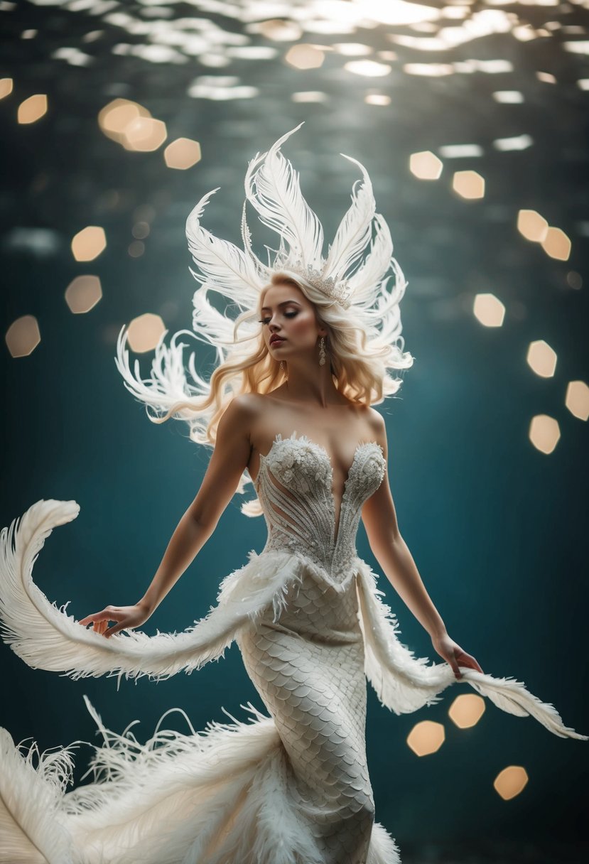 A mermaid-like figure adorned in a flowing, feathered wedding gown, with intricate details and a fantasy-inspired flair