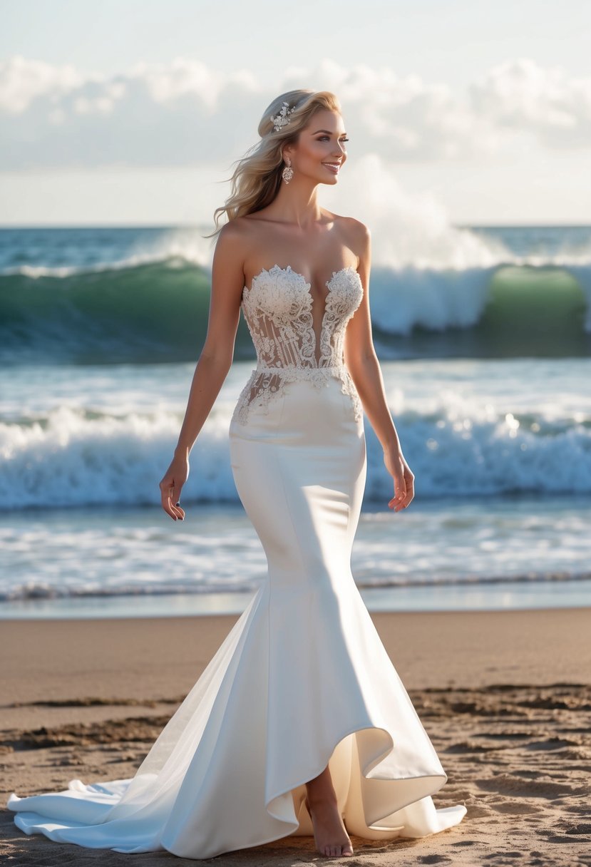 A bride in a mermaid wedding dress with a high-low illusion skirt, standing on a beach with waves crashing in the background