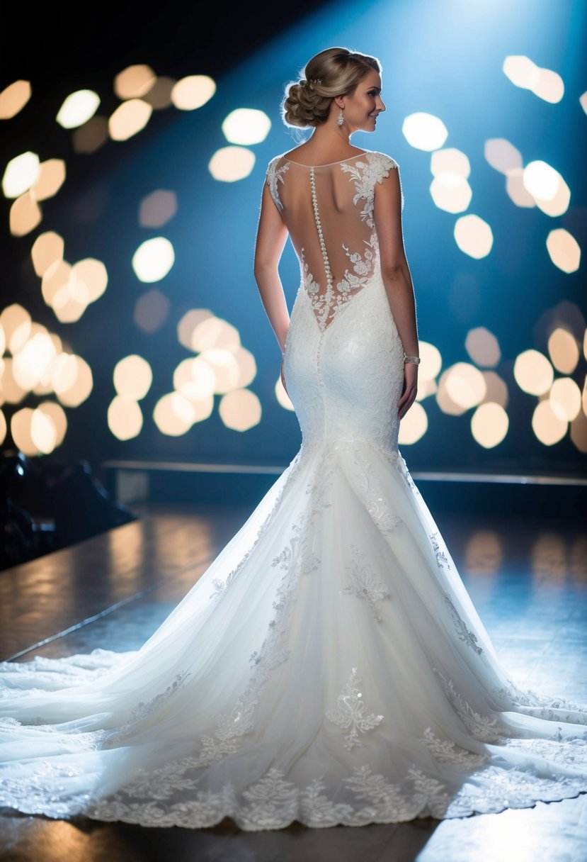 A bride stands in a spotlight, wearing a sheer back mermaid wedding dress with intricate lace details cascading down the train