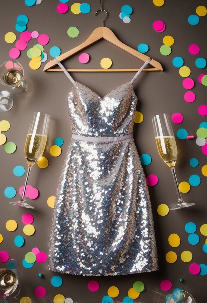 A sparkling sequin party dress hangs on a hanger, surrounded by colorful confetti and empty champagne glasses