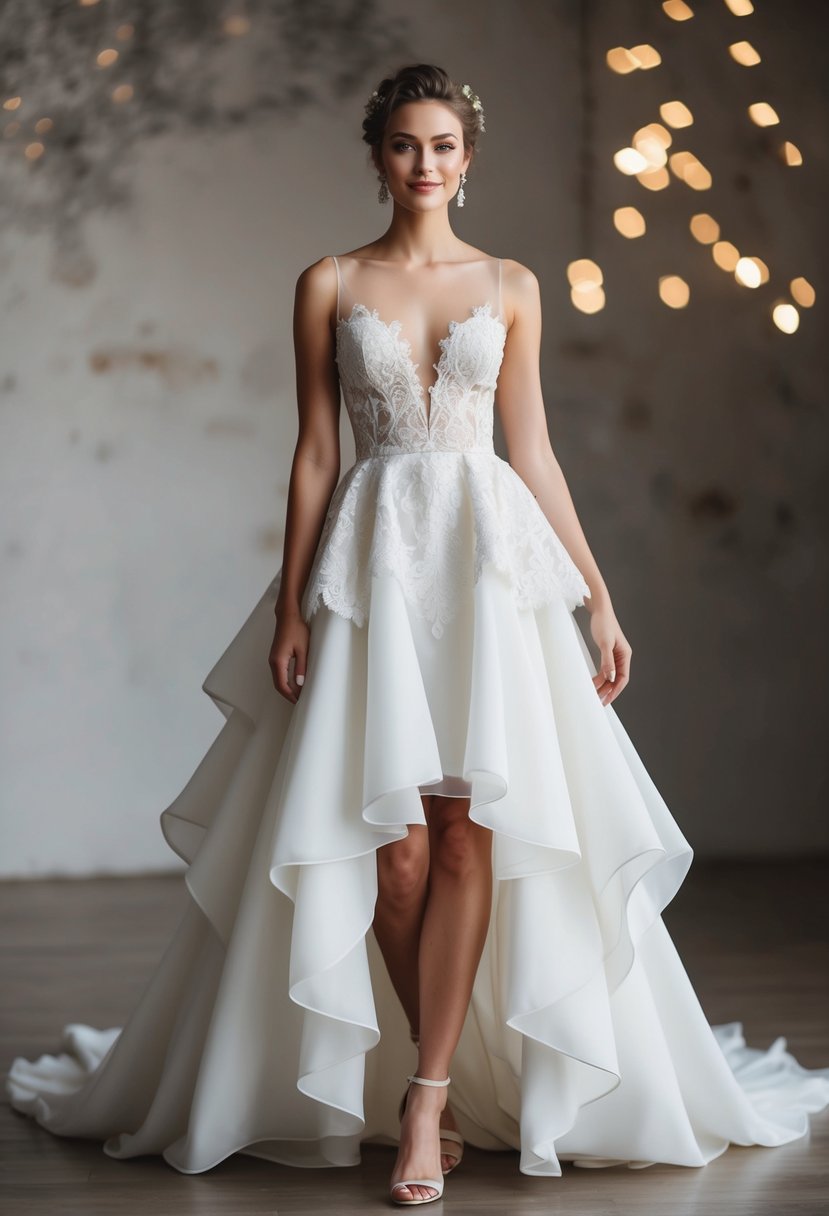 A flowing, high-low hem wedding dress with playful, cascading layers and intricate lace detailing