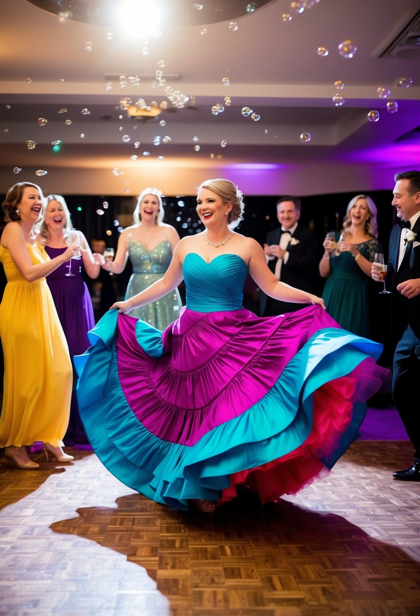 A vibrant Regencycore dress twirls on a dance floor, surrounded by laughter and champagne bubbles