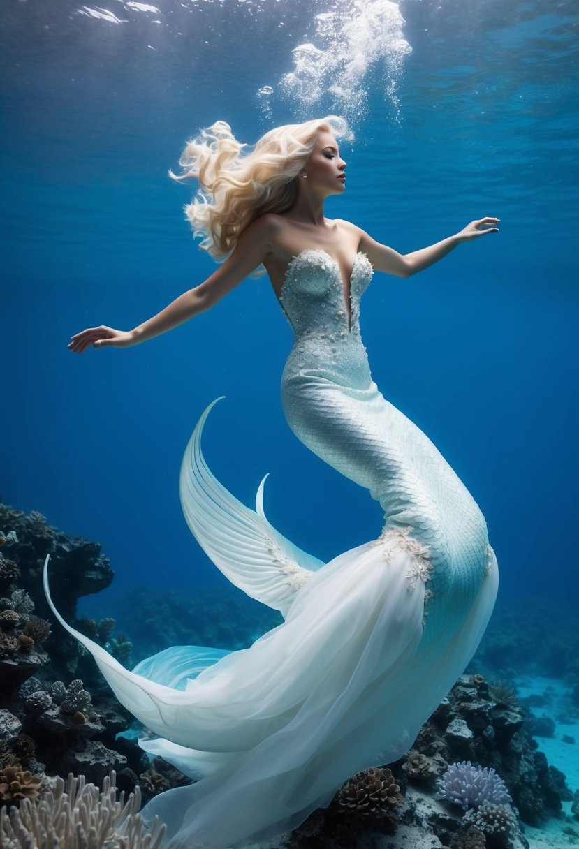 A mermaid wedding dress flowing underwater surrounded by elegant blue oceanic elements