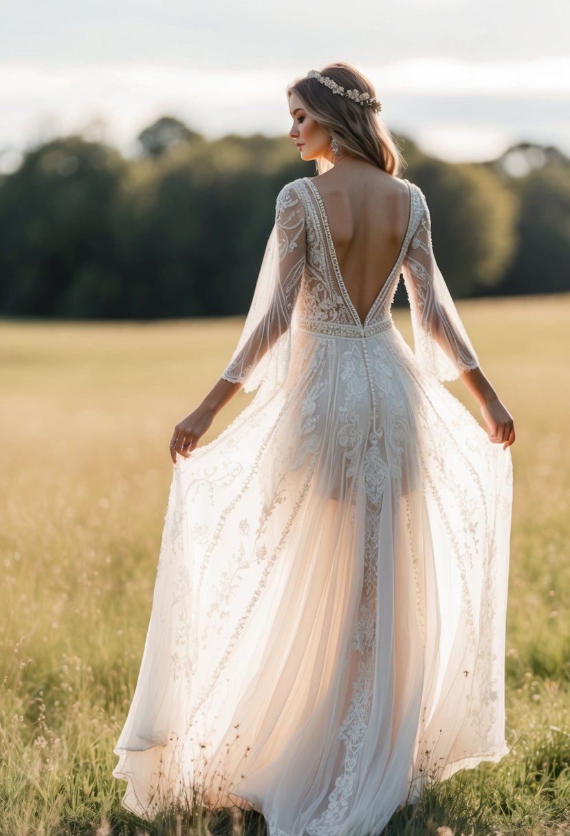 A flowing, bohemian-inspired wedding dress with intricate lace and beadwork, featuring a low back and delicate, ethereal charm