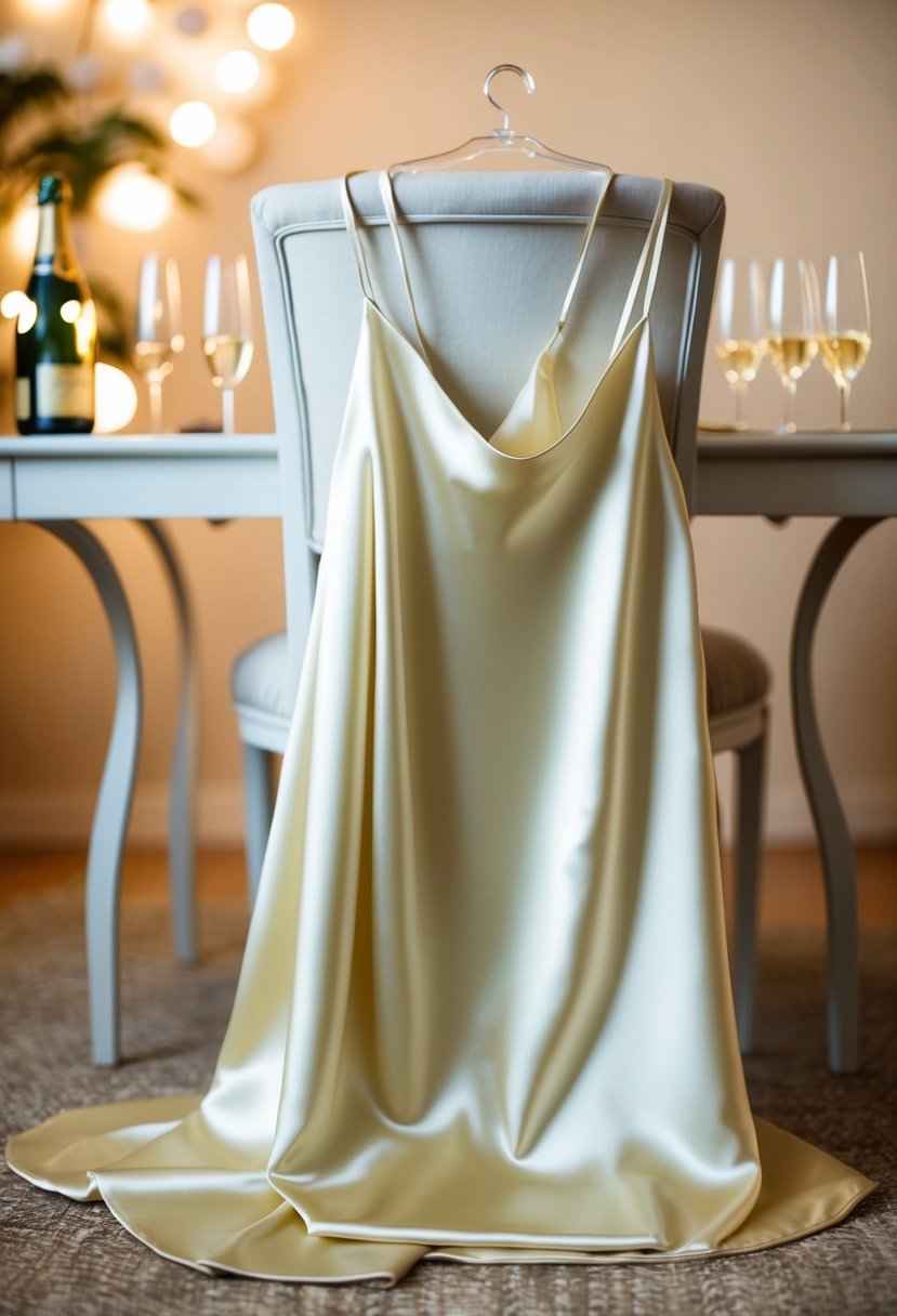 A satin slip dress draped over a chair, with soft lighting and a hint of champagne in the background